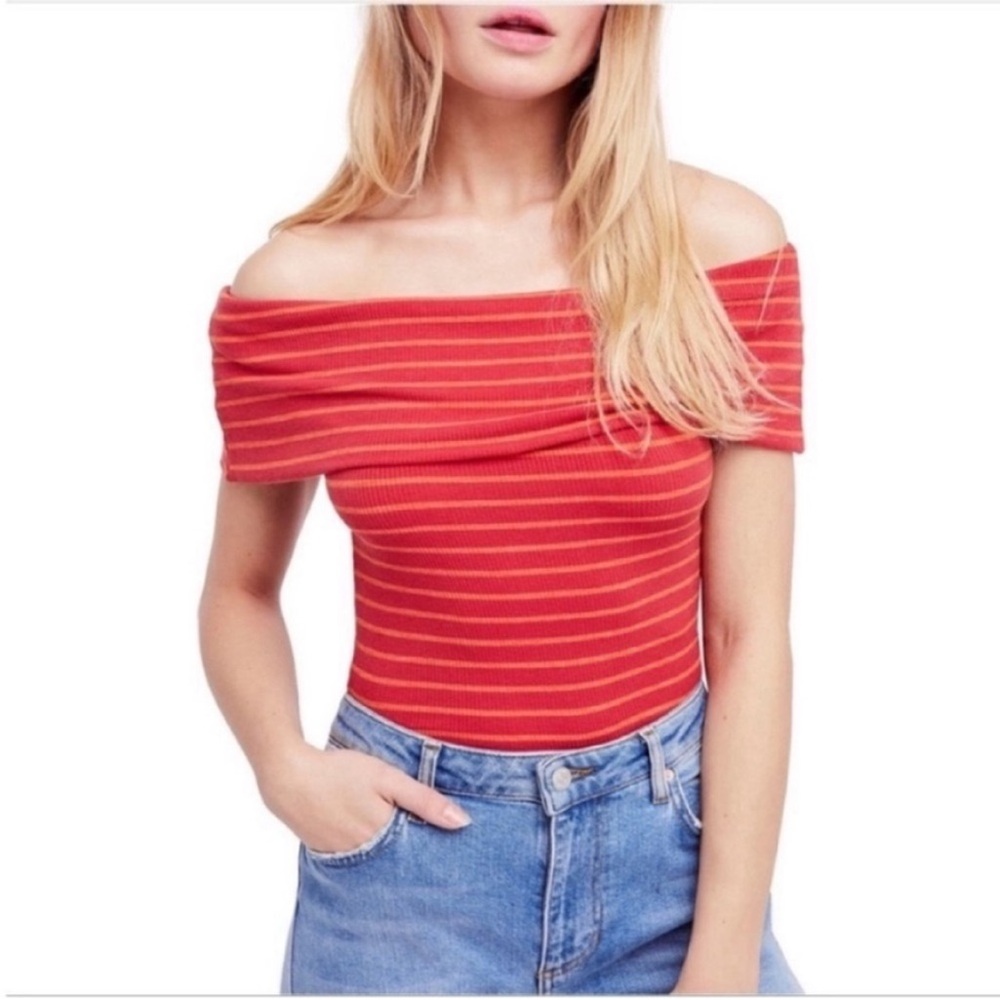 We the Free Melbourne shirt orange red striped off the shoulder ribbed